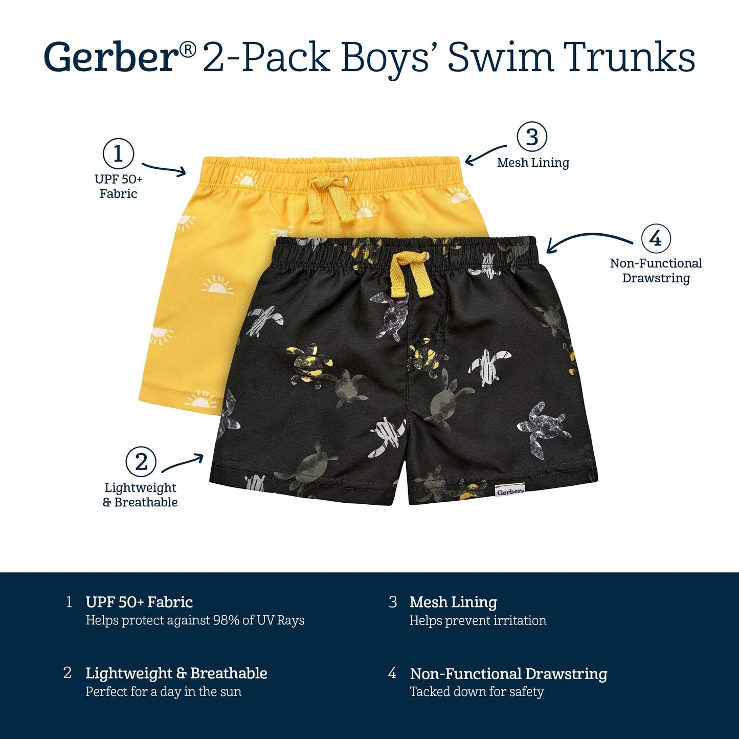 2-Pack Baby & Toddler Boys UPF 50+ Turtles & Suns Swim Trunks